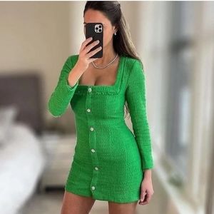 Zara * Tweed Textured Weave Blazer Dress with Jewel Buttons Green